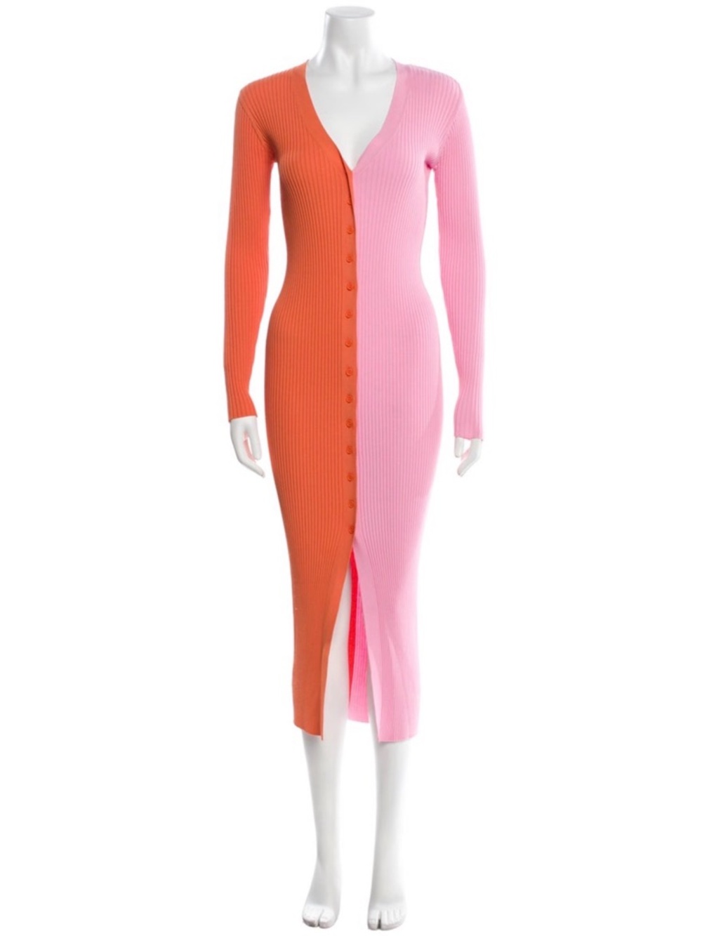 STAUD Two-Tone Ribbed Button-Front Midi Dress in Orange and Pink